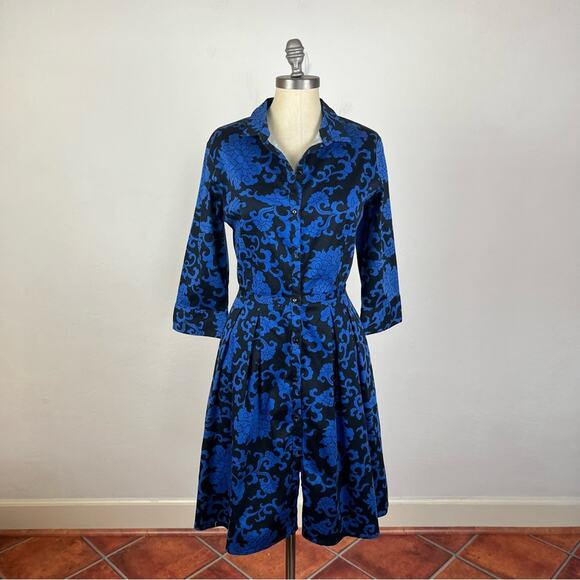 Jigsaw Blue Filagree Button Down Flare Dress - Picture 1 of 8